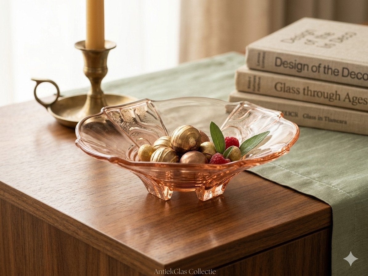 Prachtige Vintage Art Deco Persglas Schaal – Zalmroze / Rosé, Ophalen