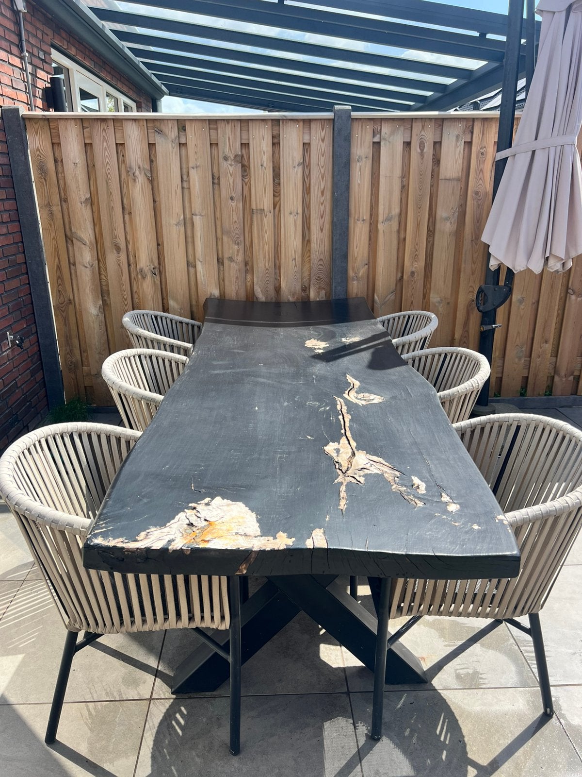 Boomstamtafel massief hout 272 x 97 cm met stalen X-poot, Ophalen, Gebruikt, Hout