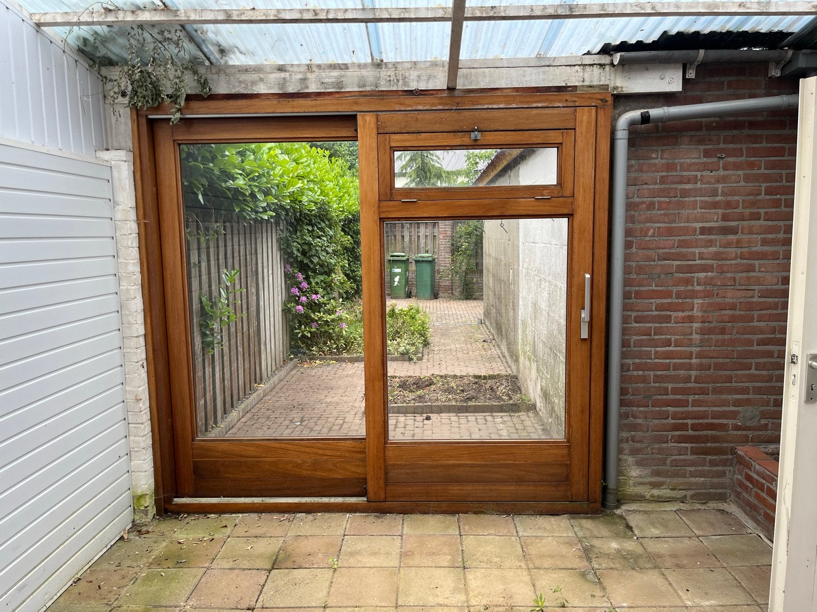 Hard Houten schuifpui met glas, Ophalen, Gebruikt, 120 cm of meer, Buitendeur