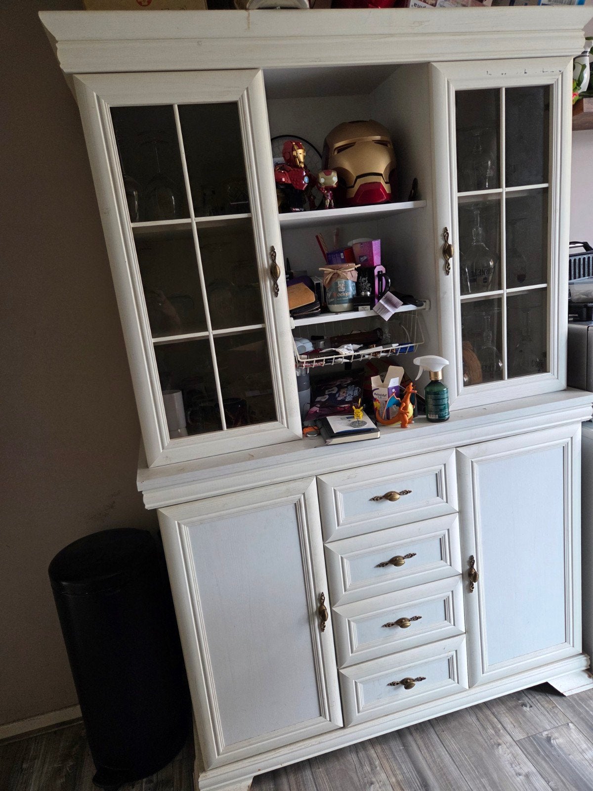 Antiek wit dressoir met vitrinekast en lades, Huis en Inrichting, Ophalen, Gebruikt, 100 tot 150 cm, Met lade(s)