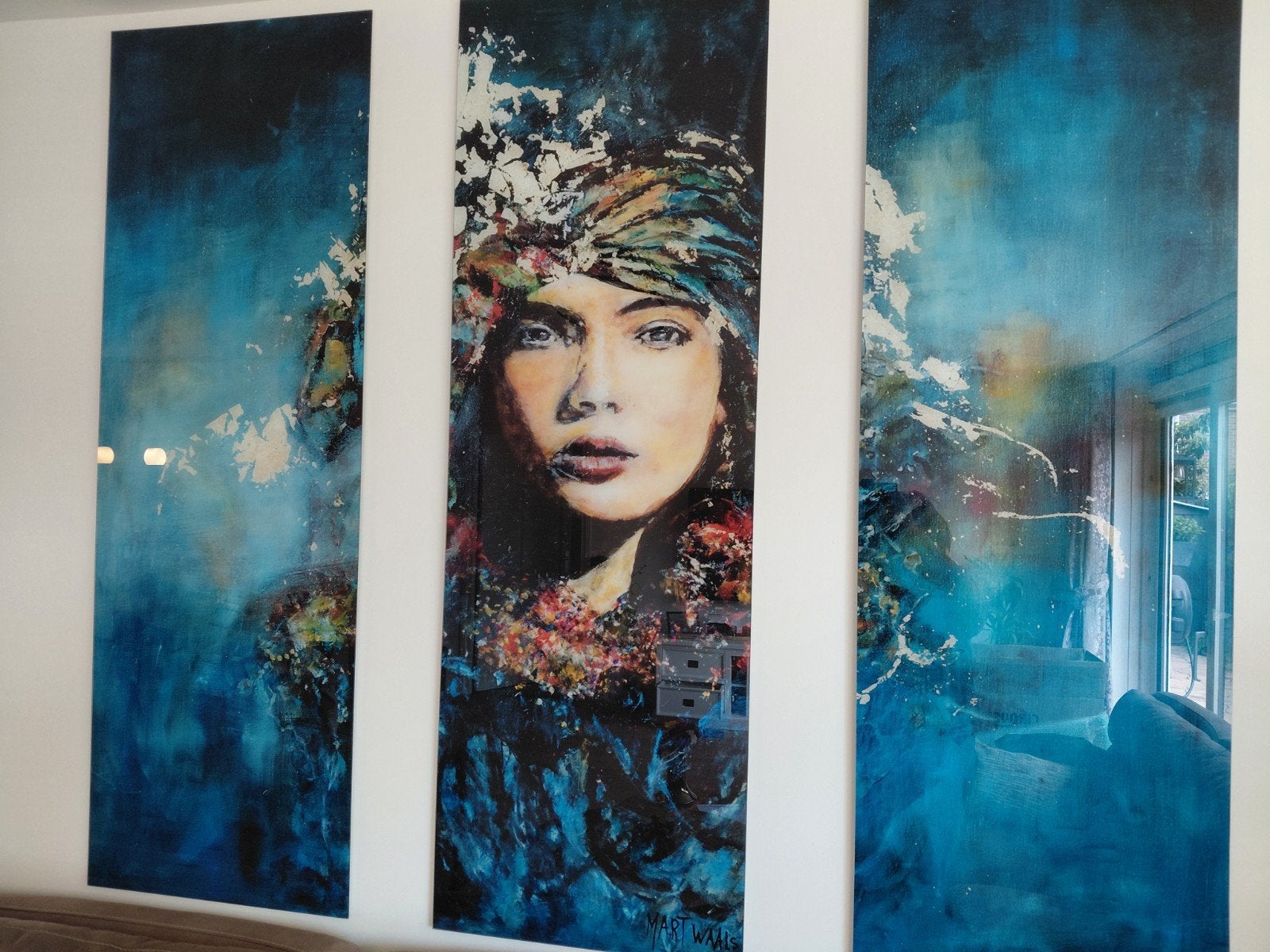Prachtig drieluik schilderij: Vrouw in blauwtinten, Ophalen