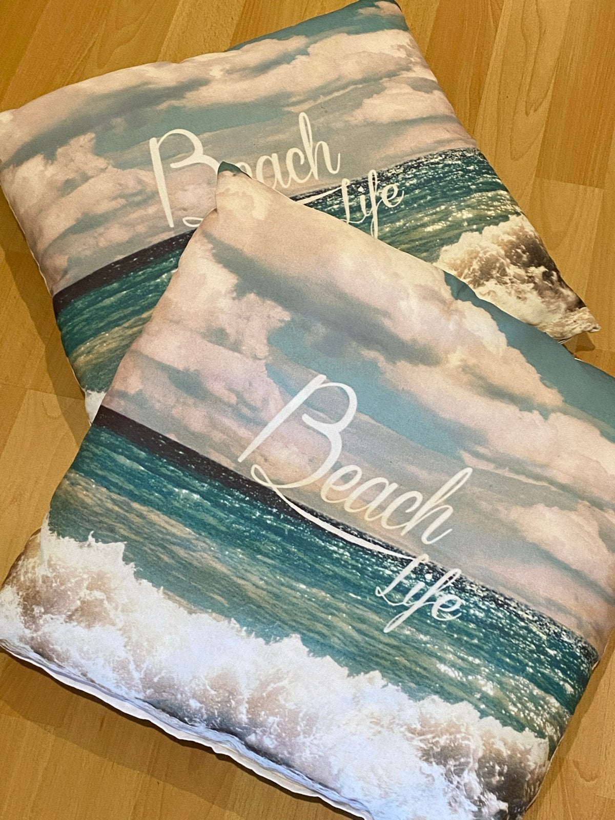 Set van 2 'Beach Life' sierkussens, Ophalen, Zo goed als nieuw, Blauw, Vierkant