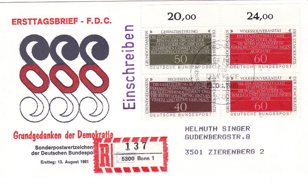 Duitsland, Aangetekende FDC Mi. 1105 - 1107, Postzegels en Munten, Ophalen of Verzenden, Beschreven, Europa