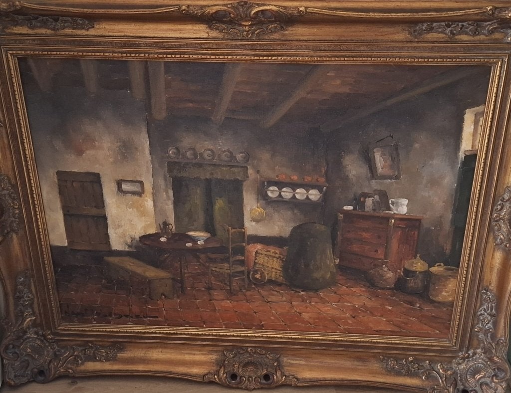Schilderij Boereninterieur Han molenaar Goudlijst, Antiek en Kunst, Ophalen, Doek, Bijzondere lijst, Stilleven