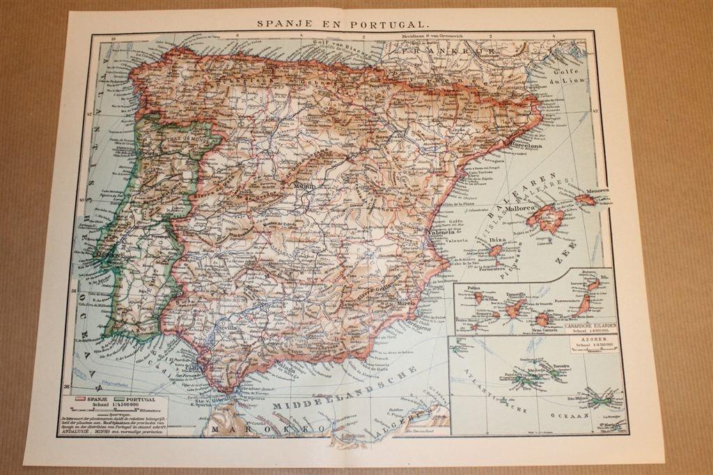 Antieke kaart - Spanje en Portugal - Circa 1900, Ophalen of Verzenden, Zo goed als nieuw, 1800 tot 2000, Landkaart