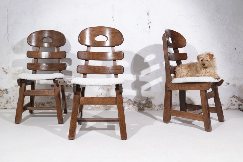 Brutalistische visgraat stoelen Spaans eiken - set van 4, Huis en Inrichting, Ophalen, Gebruikt, Bruin, Vier