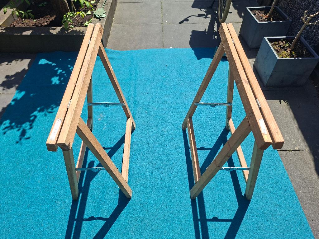Houten schragen 2x, Ophalen, Gebruikt, 70 tot 120 cm, Inklapbaar
