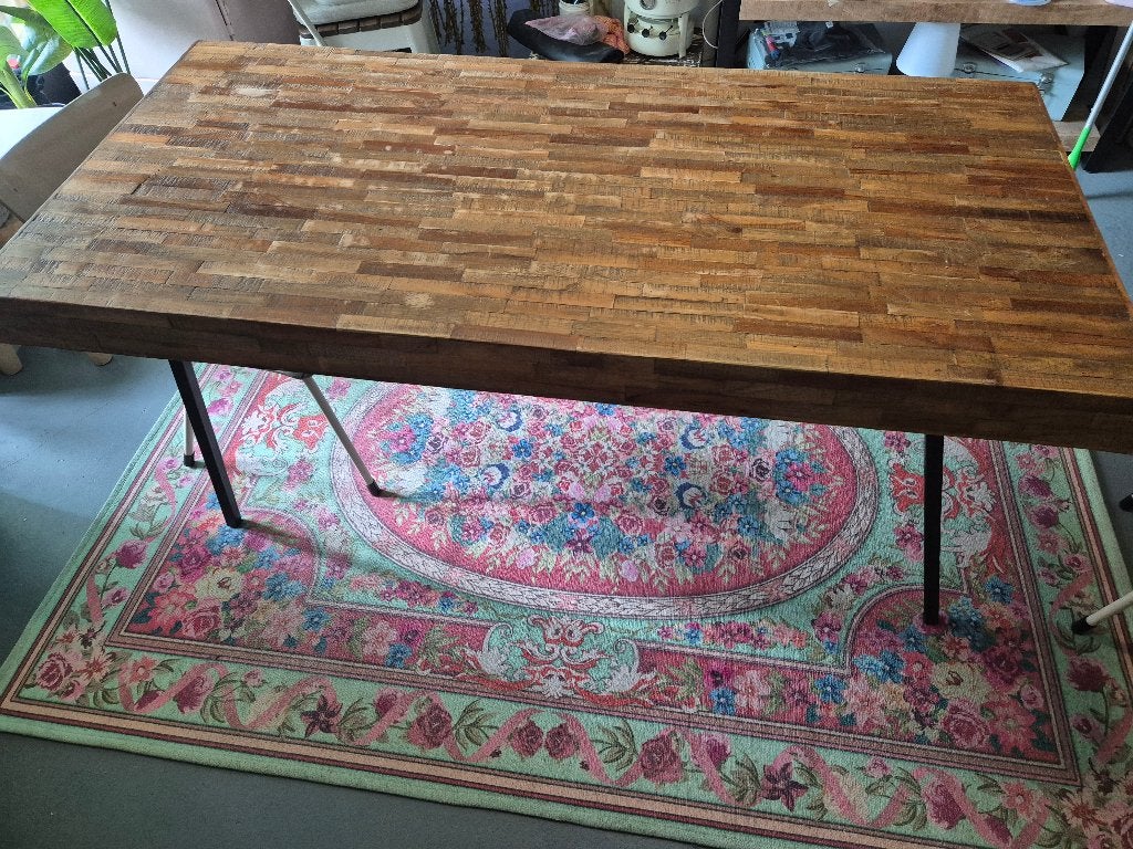 Houten eettafel met metalen onderstel 160x75 cm, Gebruikt, 50 tot 100 cm, 150 tot 200 cm, Rechthoekig