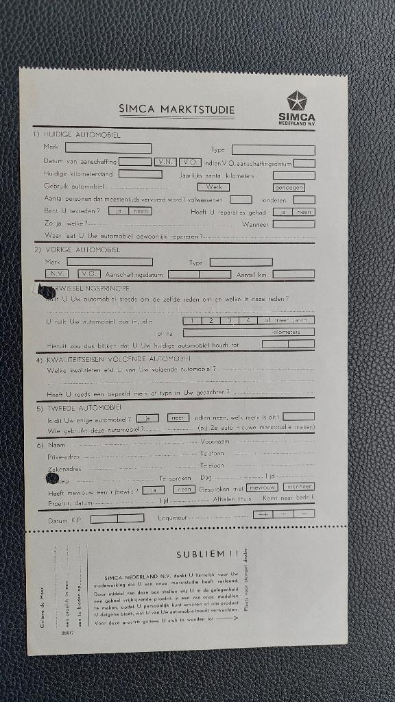 SIMCA marktstudie formulier, Ophalen of Verzenden, Zo goed als nieuw, Auto's