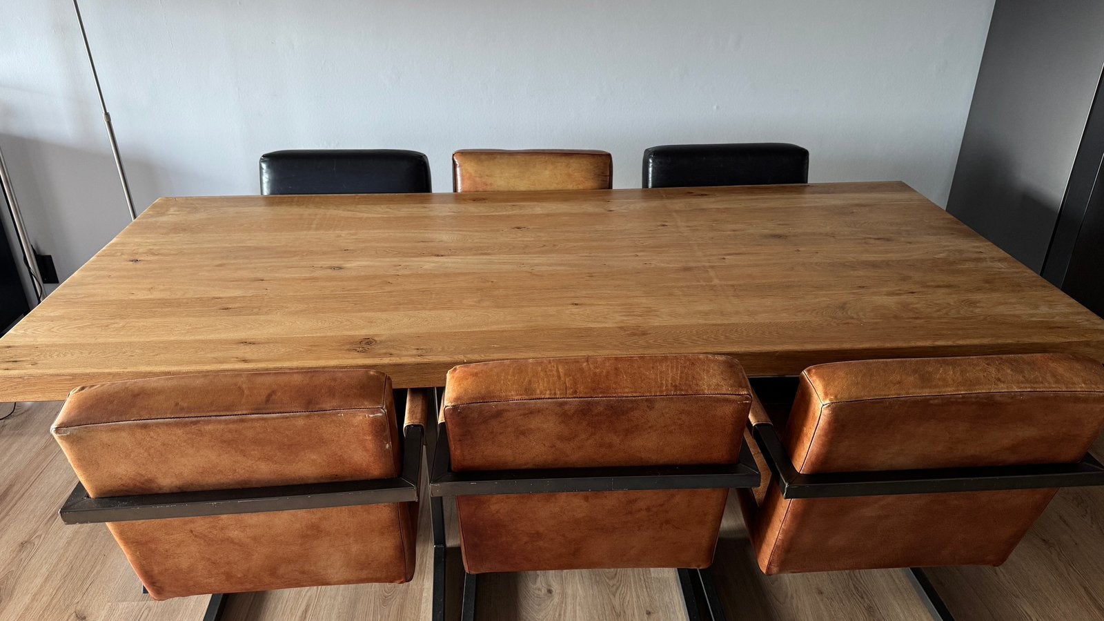 Eikenhouten eettafel en 6 stoelen, Ophalen, Gebruikt, Eikenhout, 200 cm of meer