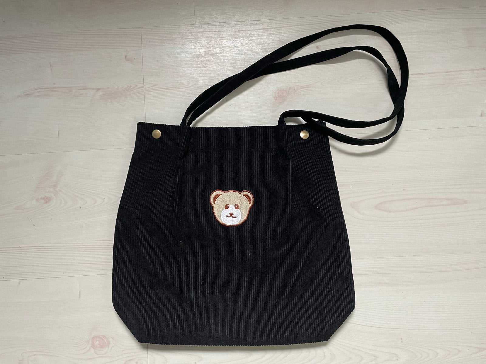 Zwarte corduroy tas met teddybeer opdruk, Ophalen of Verzenden, Gebruikt, Zwart, Shopper