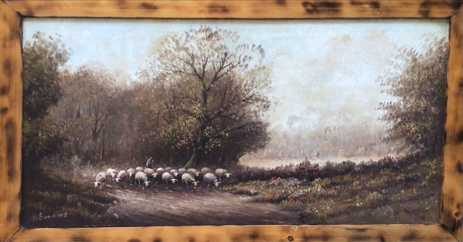Heidelandschap met schapen en herder - H. Sanders, Doek, Realistisch, Ophalen of Verzenden, Gesigneerd