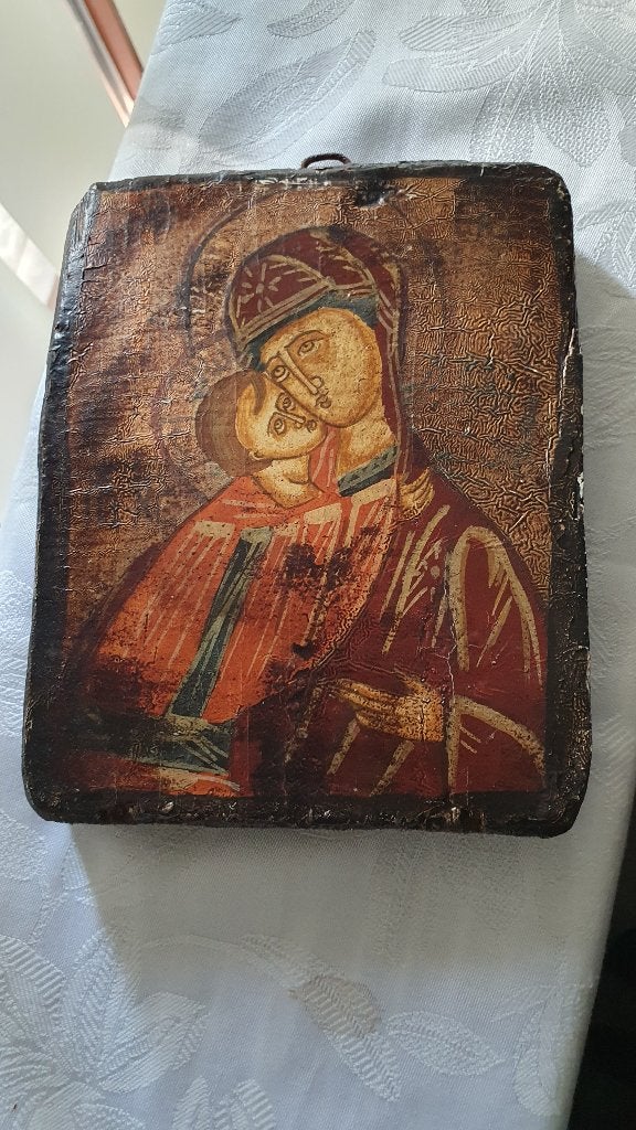 Handgeschilderd Icoon Maria met Kind - 16x12x4cm, Verzenden, Gebruikt, Kaart of Prent, Christendom | Katholiek