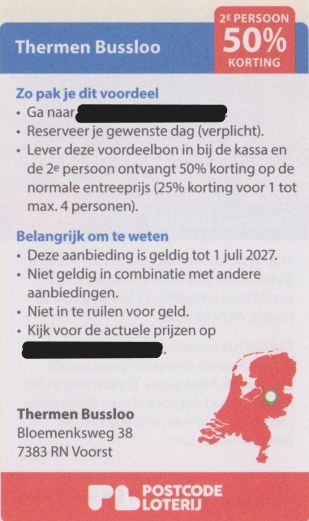 Thermen Bussloo. 2e persoon 50% korting. Postcodeloterij bon, Tickets en Kaartjes, Kortingen en Cadeaubonnen, Twee personen, Spa of Sauna