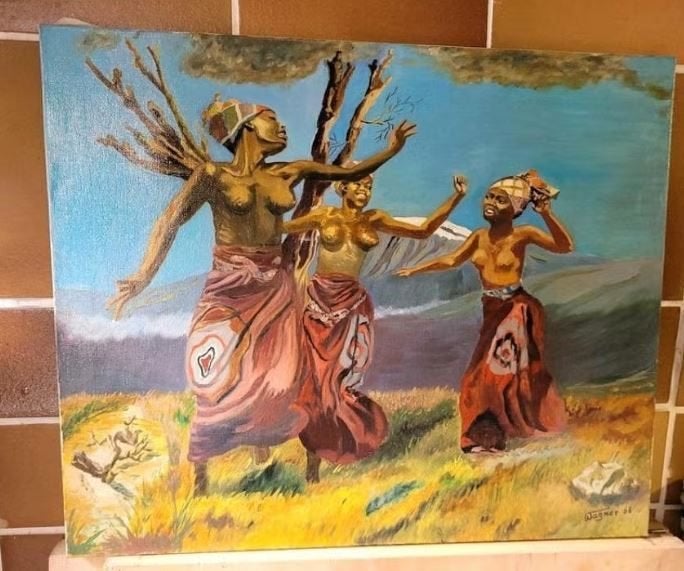 vintage schilderij Afrikaanse Schonen - dans 1968, Ophalen, Schilderij, Zo goed als nieuw, 60 cm