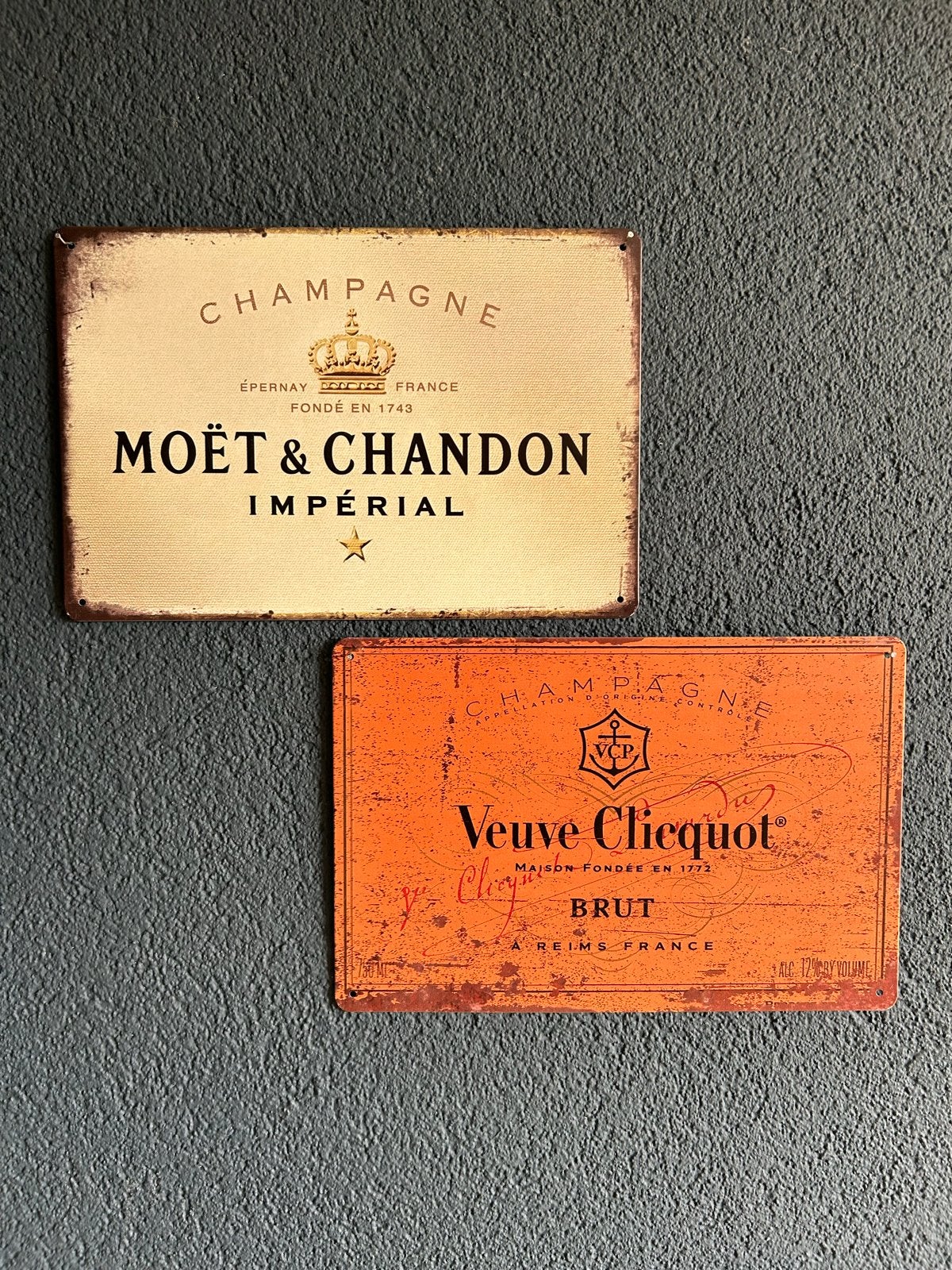 Metalen borden Moët & Chandon en Veuve Clicquot 20x30, Vintage, Gebruikt, Meerkleurig, Ophalen of Verzenden
