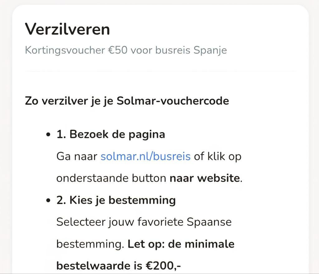 Solmar-vouchercode € 50,00, Tickets en Kaartjes, Kortingen en Cadeaubonnen, Eén persoon, Cadeaubon