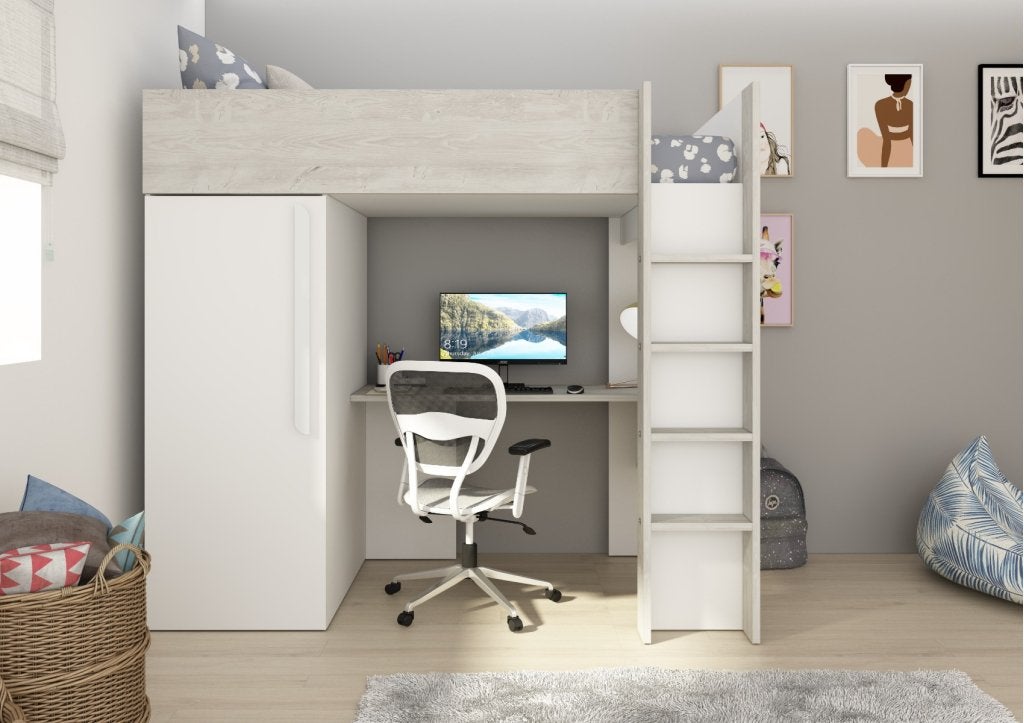 Studio 1803 hoogslaper met bureau en kast - 90x200 - Wit/cas, Niet ingevuld, Niet ingevuld, Niet ingevuld