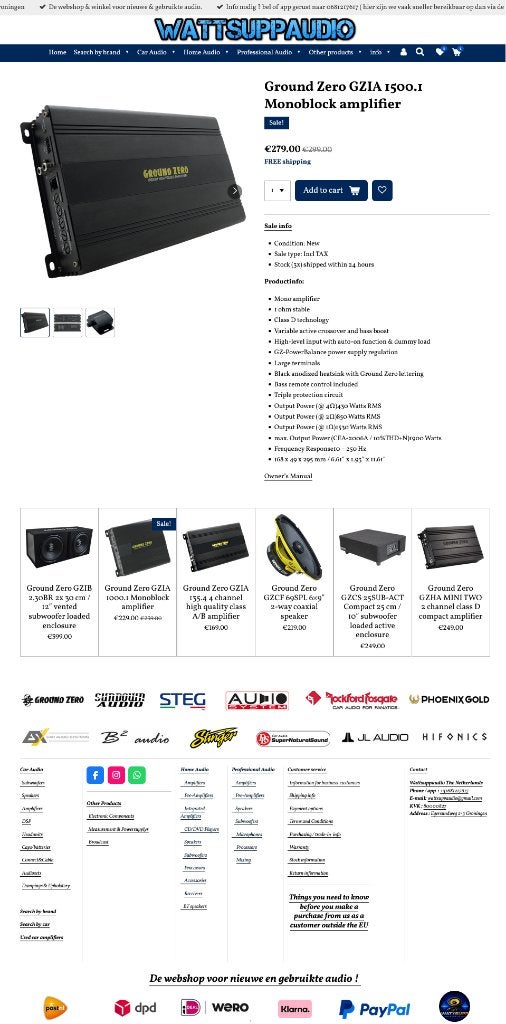 Ground Zero GZIA 1500.1 1500W RMS monoblok versterker, https://www.ground-zero-audio.com/en/support-en/contact-page/, Erlenweg 25, 85658 Egmating, Germany