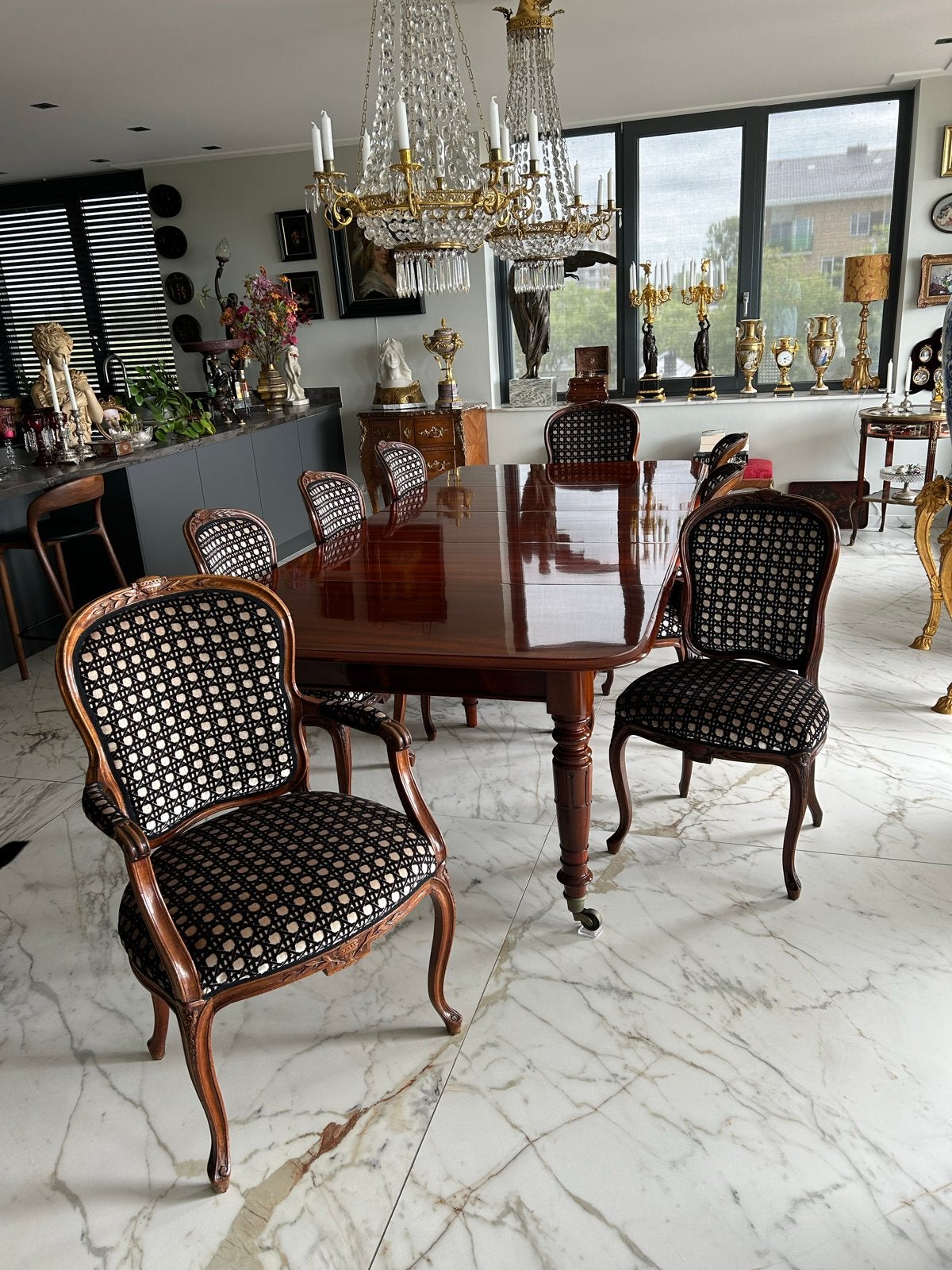 Prachtige antieke eethoek met coulissetafel en 8 stoelen, Antiek en Kunst, Ophalen of Verzenden