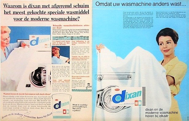 4 vintage advertenties reclames Dixan wasmiddel 1963, Ophalen of Verzenden, Gebruikt, Overige typen