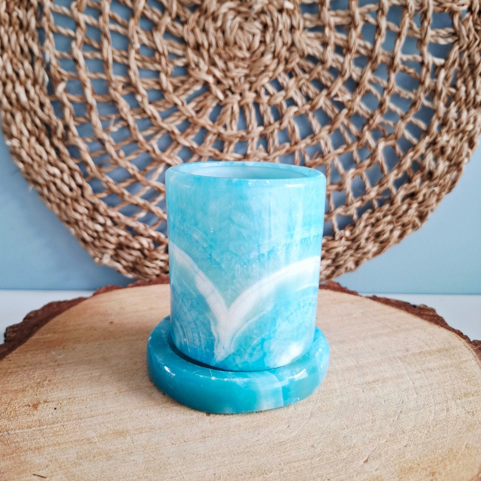 Turquoise 3-delige waxinelichthouder van natuursteen, 10 cm, Blauw, Natuurlijk materiaal, Waxinelichthouder