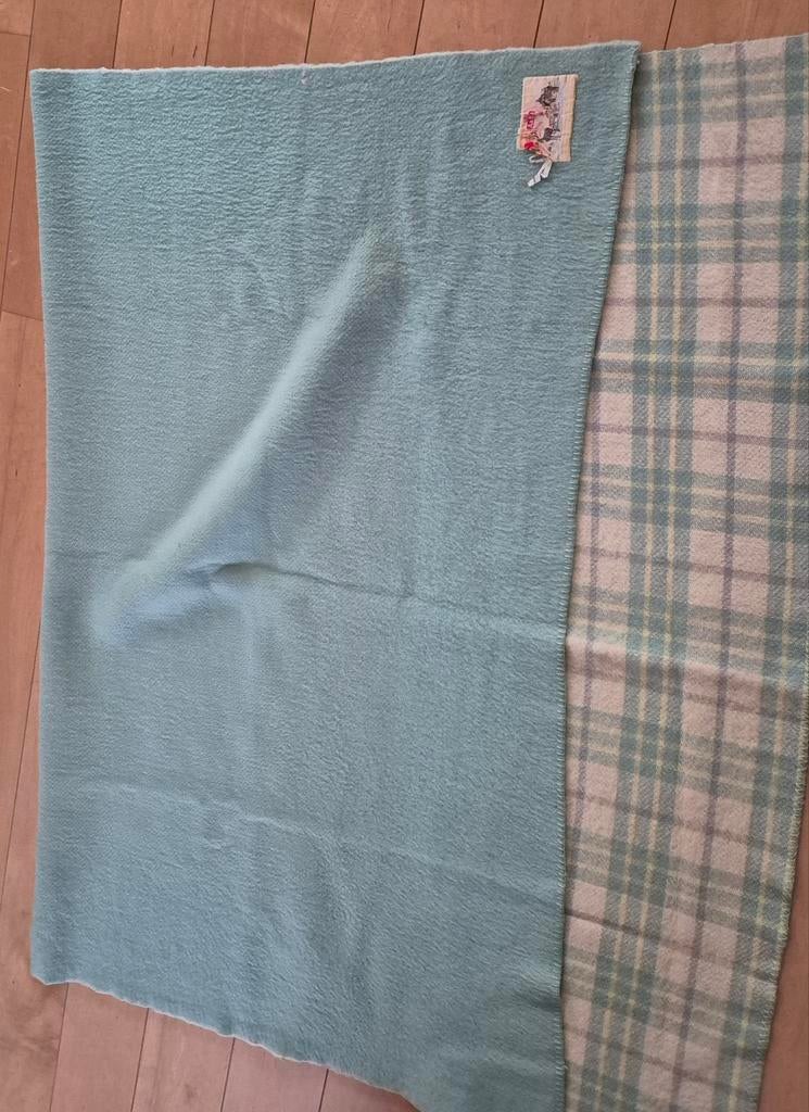 Vintage wollen deken - Mintgroen geruit, Gebruikt, 100 tot 150 cm, Ophalen of Verzenden, Vintage, Retro, Klassiek