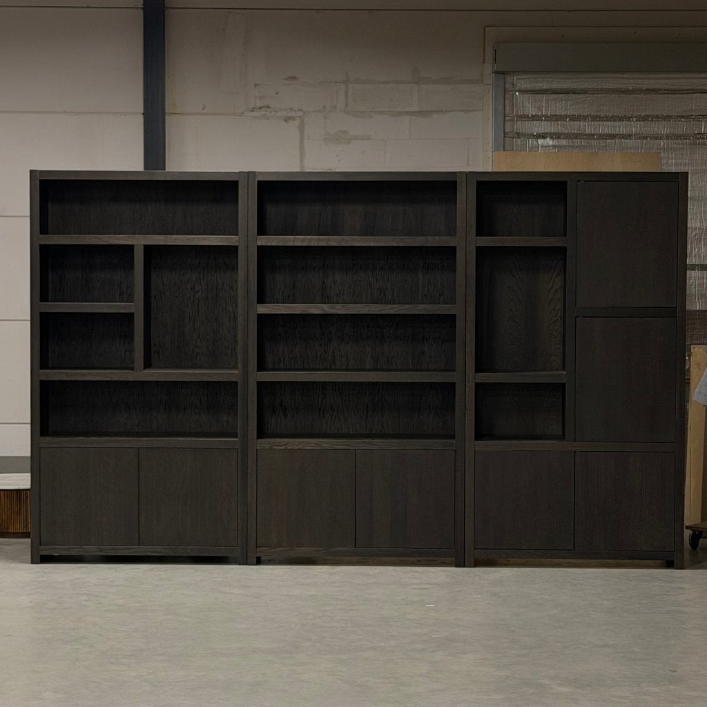 vakken kast hotel chique donker bruin 360cm wandkast, Ophalen, Japandi, 100 tot 150 cm, 200 cm of meer