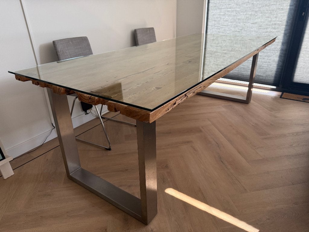 Stoere eet-/vergadertafel - hardhout/glasplaat/RVS onderstel, Ophalen, Gebruikt, 100 tot 150 cm, Glas