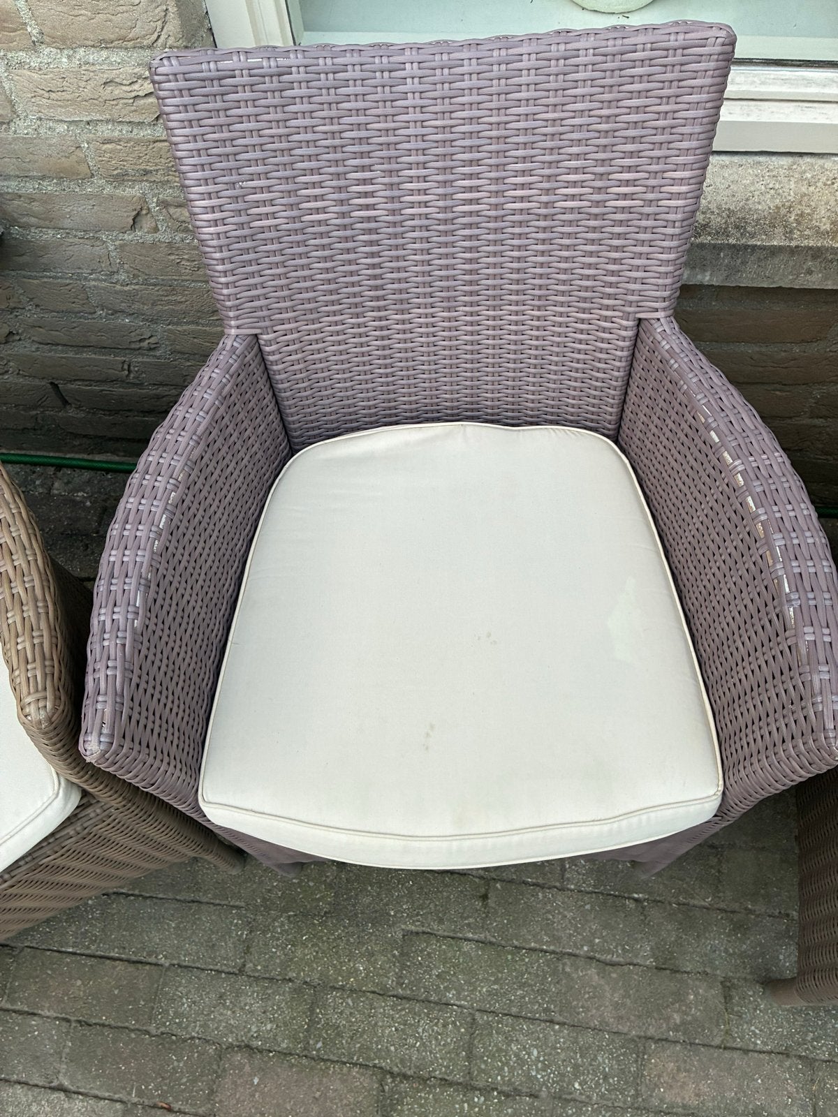 Wicker tuinstoelen met kussens (set van 5+1 met kapote poot), Tuin en Terras, Tuinstoelen, Gebruikt, Wicker, Ophalen