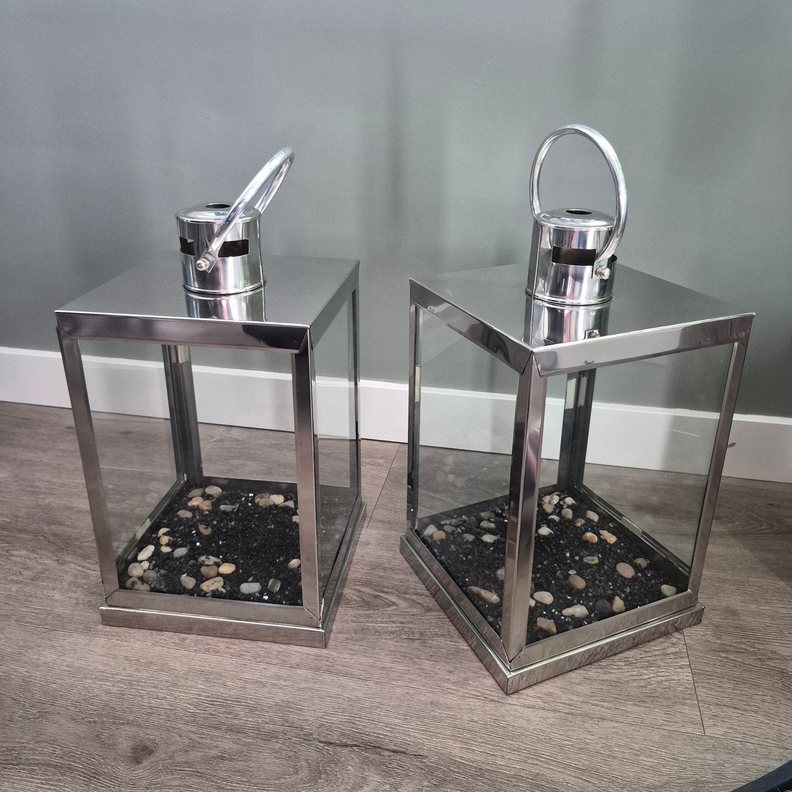 2x decoratieve windlichten van glas/RVS voor binnen/buiten, Ophalen of Verzenden, Zo goed als nieuw