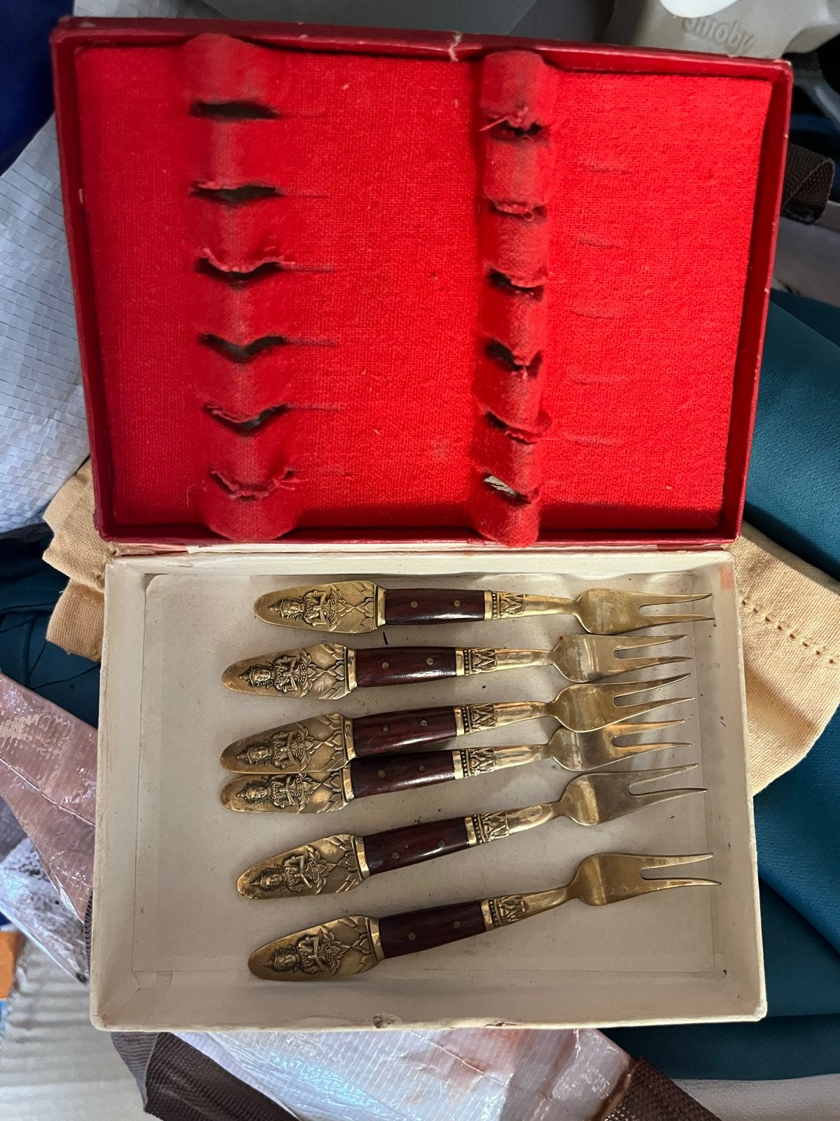 Vintage Thaise bronzen dessertvorkjes in doosje, Ophalen of Verzenden