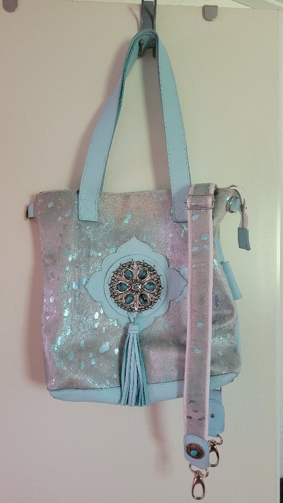 Schoudertas shopper Ganesha met turkoois stenen, Ophalen of Verzenden, Zo goed als nieuw, Blauw, Leer