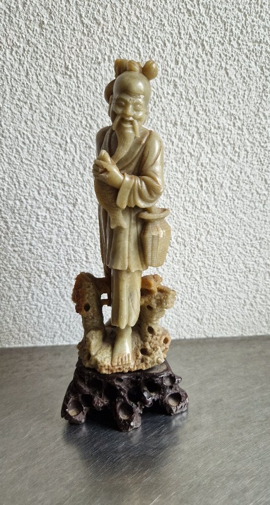 Antiek Chinese handgesneden spekstenen beeld wijze visser, Ophalen of Verzenden, Handgemaakt, 20 - 50 cm, Steen of Keramiek