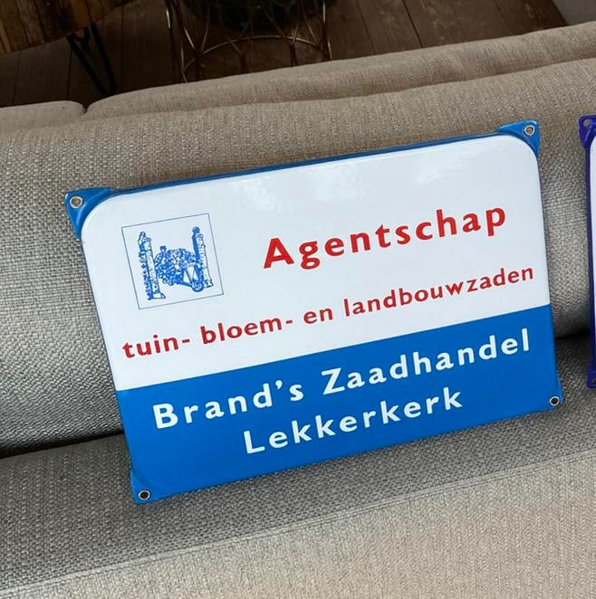 Emaille reclame bord, Brand’s Zaadhandel Lekkerkerk, Verzamelen, Merken en Reclamevoorwerpen, Ophalen of Verzenden, Zo goed als nieuw