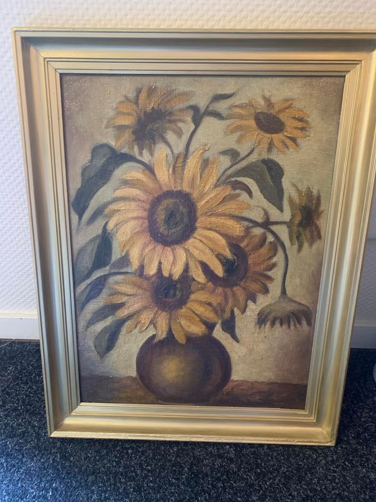 Schilderij zonnebloemen in vaas, Ophalen of Verzenden