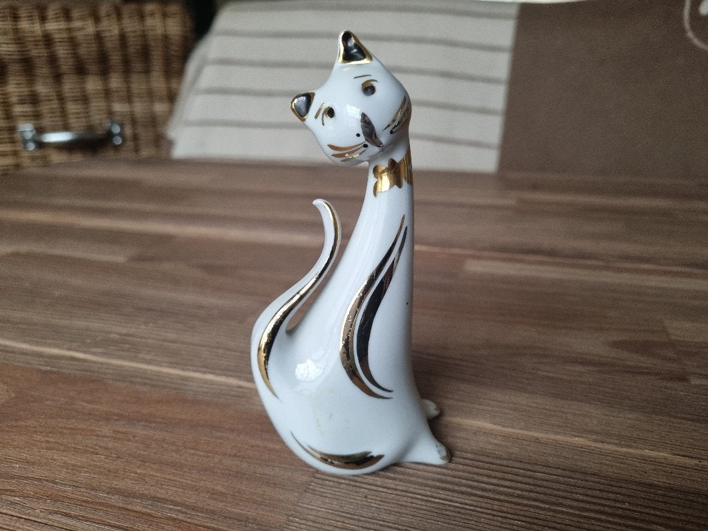 Prachtige vintage kat poes beeld wit goud capodimonte italy, Verzenden, Gebruikt, Hond of Kat, Beeldje of Figuurtje