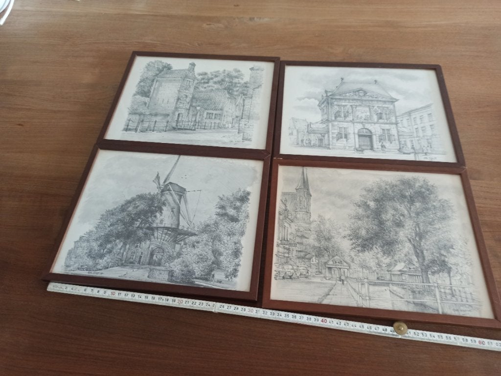 4 karakteristieke tekeningen van Gouda door Chr. Schut, Antiek en Kunst, Ophalen, Tekening, Potloodtekening, Ingelijst