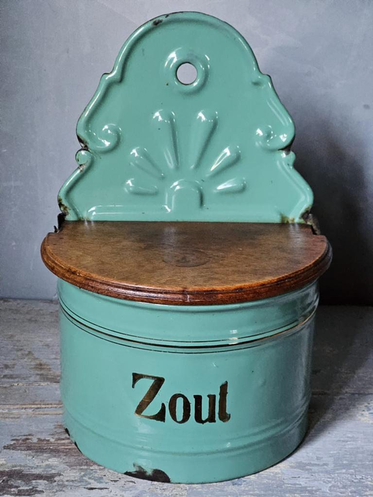 Emaille zoutbak met houten deksel, Antiek en Kunst, Ophalen of Verzenden