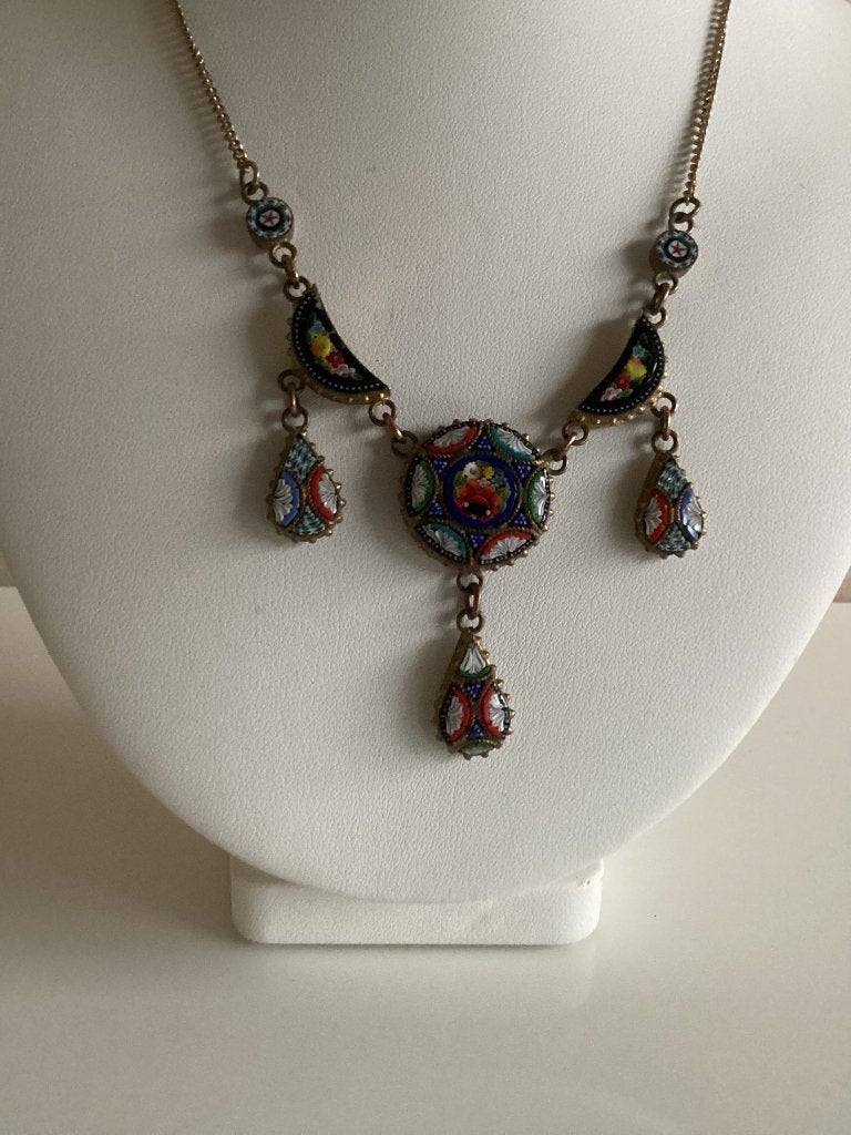 Vintage Italiaanse micromozaïek collier met florale hangers, Sieraden, Tassen en Uiterlijk, Antieke sieraden, Ophalen of Verzenden