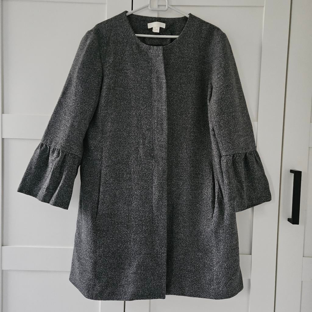 Stijlvolle grijze H&m jas met trompetmouwen maat l, H&M, Maat 42/44 (L), Ophalen of Verzenden, Zo goed als nieuw