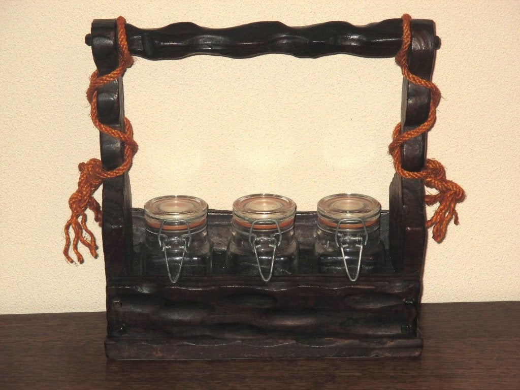 3 retro glazen wekpotjes in vintage antiek-style houder ZGAN, Verzenden, Zo goed als nieuw, Boho