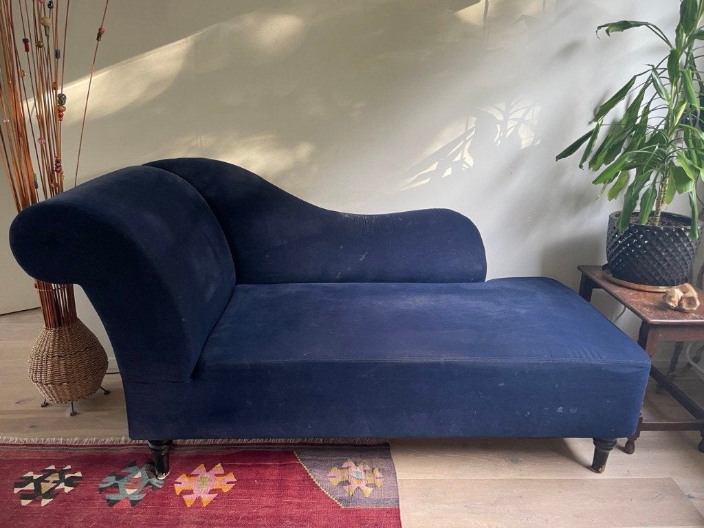 Bankje, chaise longue, blauw fluweel, Huis en Inrichting, Ophalen, Gebruikt, Eenpersoons, Minder dan 150 cm