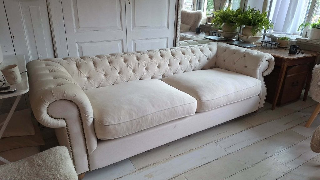 gave ecru bank met knopen (chesterfield), Ophalen, Gebruikt, 75 tot 100 cm, Rechte bank