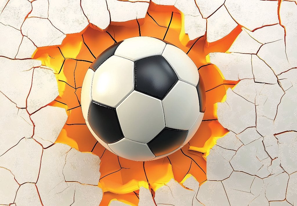 Voetbal op muur 3D fotobehang Oranje Wit, EK, Voetbalkamer, Verzenden, Nieuw