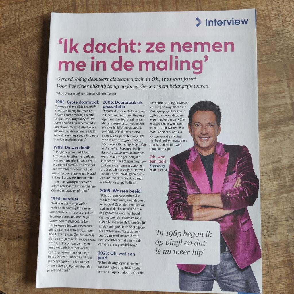 Gerard Joling Artikel Knipsel uit 2023, Verzamelen, Ophalen of Verzenden, 1980 tot heden, Nederland, Knipsel(s)