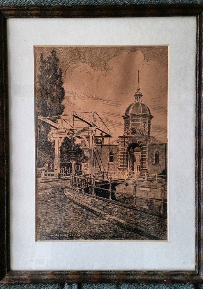 Drieluik etsen Leidse stadsgezichten, Ets, Stadsgezicht, 1900 - 1949, Gesigneerd