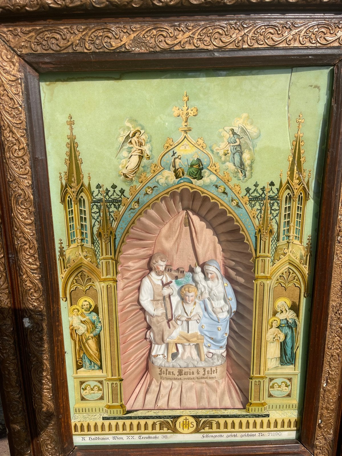 Antiek Devotiebeeld 'Jezus, Maria & Jozef' in Lijst, Antiek en Kunst, Ophalen