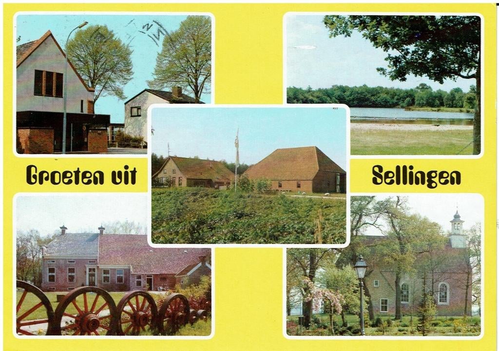 Ansichtkaart Sellingen, 5-luik, dorp, kerk, boerderij, Ophalen of Verzenden, 1980 tot heden, Gelopen, Groningen