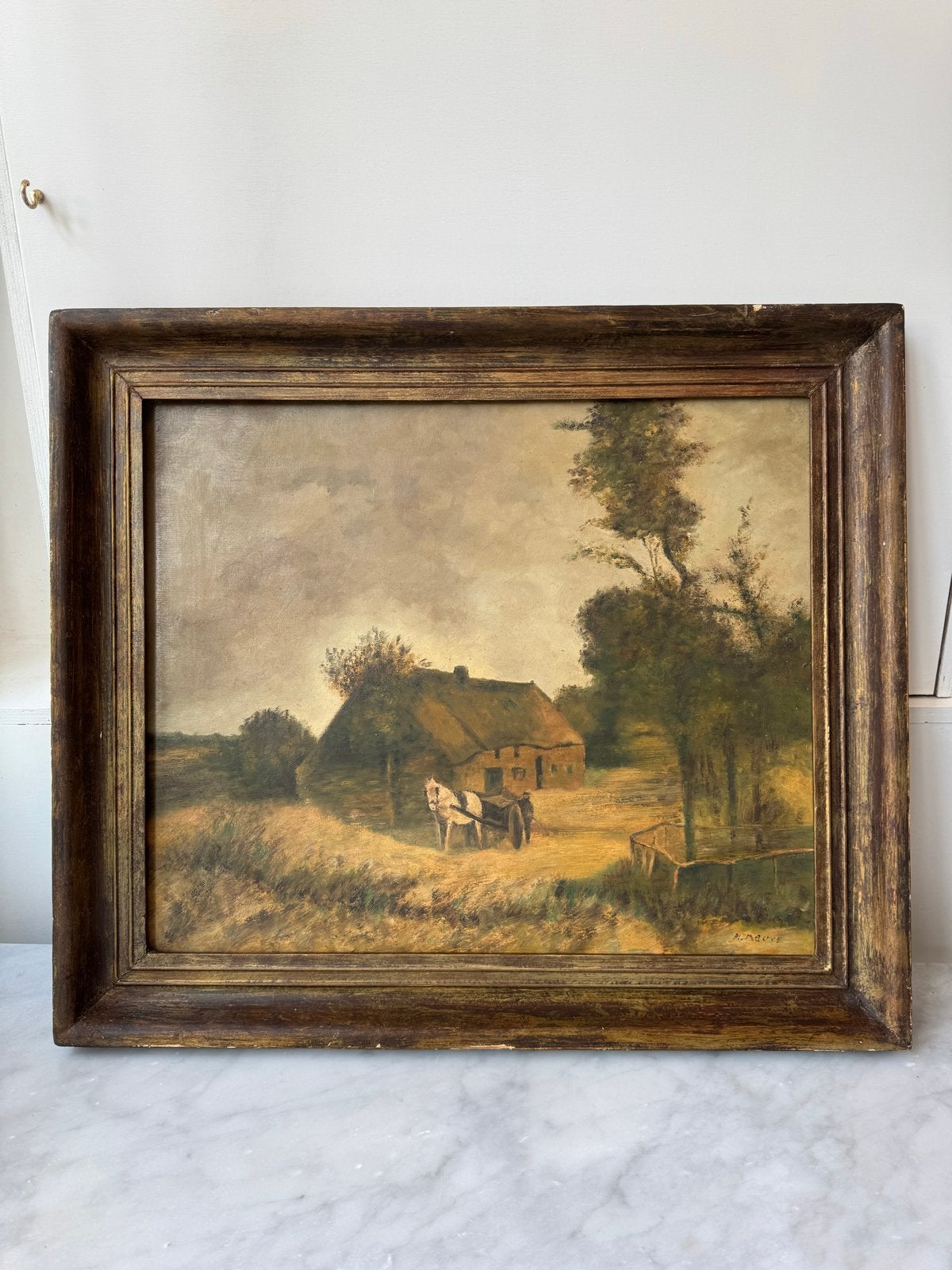 Klassiek Landschap met Boerderij en Paard, Doek, Ophalen of Verzenden, Gesigneerd, Landschap
